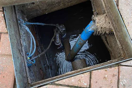 A submersible pump, discharge pipe and float switch in a drainage chamber