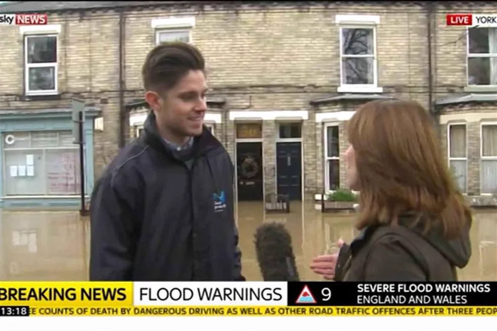 Simon Crowther interviewed live on Sky News on a flooded street in York